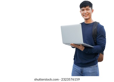 close up young asian student man use laptop computer to work about homework or do project about programming isolated on white background for teenage lifestyle in campus and education concept