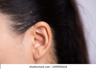 Close Up Young Asian Woman Ear With Ear Piercing. Healthcare And Ear Cleaning Concept.