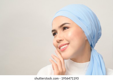 A Close Up Of Young Beautiful Muslim Woman With Hijab Isolated On White Background Studio, Muslim Beauty Skin Care Concept.