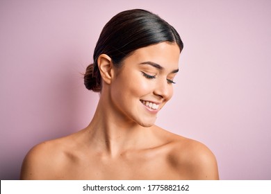 Close Up Of Young Beautiful Woman With Clear And Pure Skin. Perfect And Clean Skincare Wearing Natural Makeup. Smiling Happy Looking Fresh And Healthy.