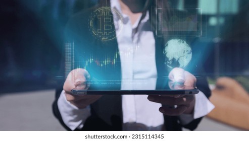 Close up of young businesswoman using digital computer tablet near office building. Bar graph with auto trading computer coding artificial intelligence technology, AI.