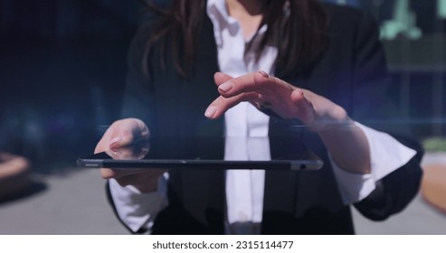 Close up of young businesswoman using digital computer tablet near office building. Bar graph with auto trading computer coding artificial intelligence technology, AI.