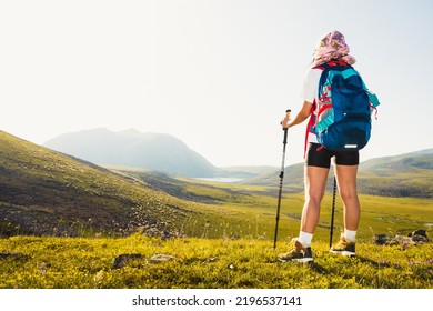 Close Up Young Caucasian Sporty Woman Hiker Alone Stand On Viewpoint Outdoors In Sunny Hot Weather Alone. Inspirational Active Strong Woman Sports Activities Outdoors