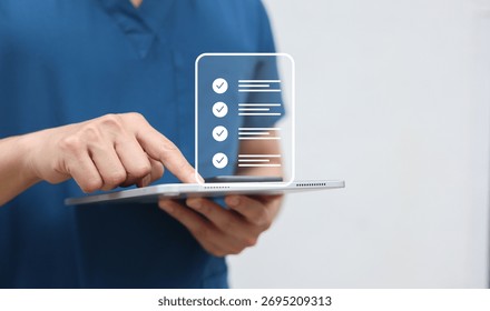 close up young general practitioner hand use stylus pen to check box on medical checklist or opd record to read and diagnose and assess about patient's symptom for healthy and lifestyle concept