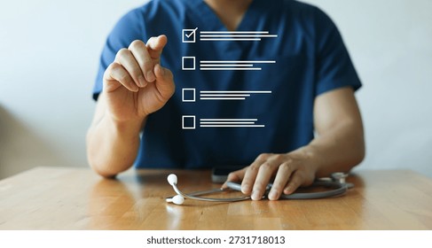close up young general practitioner hand check box on medical chekclist or opd record to read and diagnose and assess about patient's symptom for healthy and lifestyle concept