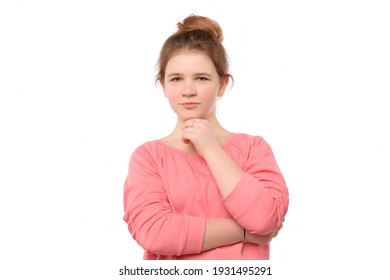 Close Up Young Girl 12-14 Years Old Over Isolated Background Looking Confident At The Camera With Smile With Crossed Arms And Hand Raised On Chin. Thinking Positive