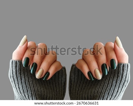 Close up of young woman’s hand with simple professional and elegant manicure, natural smooth skin, soft pastel light background, modern beauty and nail care concept