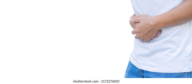 Close Up Young Man Hand Cover On Stomach To Relief Symptom Of Gastrointestinal Or Diarrhea Isolated On White Background For Unhealthy Lifestyle Concept