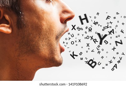 close up of a young man speaks - words power - watch your words concept - Shutterstock ID 1419108692