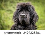 Close up of a young, tousled haired newfoundland dog with bright green blurred background, bokeh