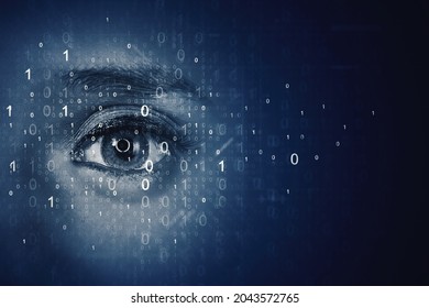 Close up of young woman being scanned her eyes by security system with code binary background