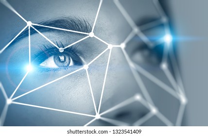 Close Up Of Young Woman Face With Face Recognition Technology. Concept Of Biometric Authentication And Hi Tech. Toned Image