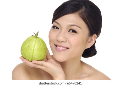 Close Up Young Woman Holding Guava Fruit