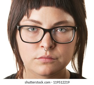 Close Up Of Young Woman With Nose Ring And Eyeglasses