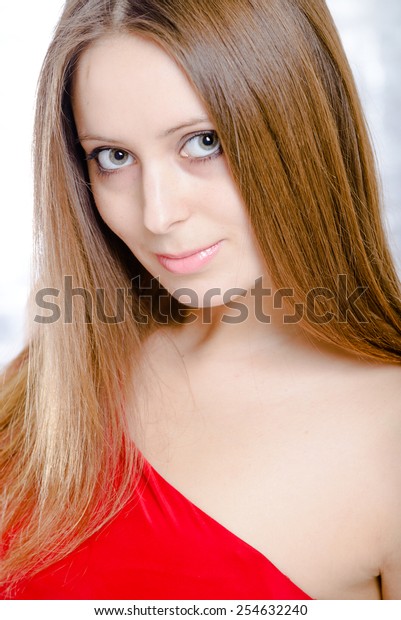 Close Young Woman Portrait Redblack Elegant Stock Photo 254632240