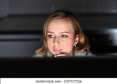 Close Up Of Young Woman Working On Desktop Pc Late At Night At Home Office, Can Not Sleep, News Search About Coronavirus Or Sharing Social Media. Freelance Job, Remote Work. 