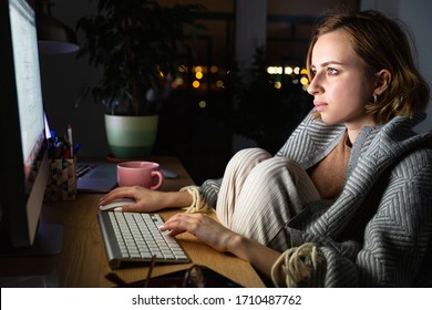 Close Up Of Young Woman Working On Desktop Pc Late At Night At Home Office, Can Not Sleep, Addict News About Coronavirus Or Sharing Social Media. Freelance Job, Remote Work. 