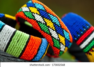 Close up of Zulu traditional jewelry bracelets 