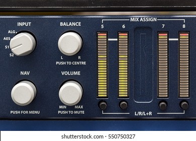 Closed up Audio effects processors in a rack mount. Sound recording Equipment with volume adjustment and monitoring level bar separate left and right. - Powered by Shutterstock