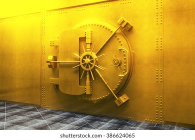 Closed Bank Vault Door In Gold. 3D Render