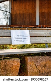 Closed Beer Garden Of German Restaurant With Forbidden Sign, Closed Due To Corona And Covid 19, Food Only To Take Away. Vertical