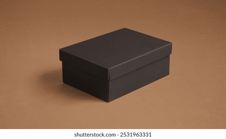 Closed black cardboard box on a brown background. Premium photo mockup for elegant and clean cardboard box product.