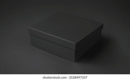 Closed black cardboard box is shown against a dark background. Premium photo mockup for elegant and clean cardboard box product.