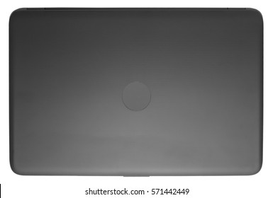 Closed Black Laptop. View From Above. In The Middle Is A Place For The Logo.