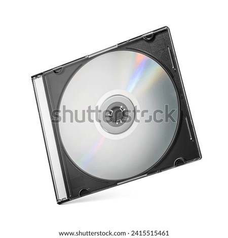 Closed black slim plastic disc box case CD jewel with silver disk isolated on white background.