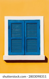 closed blue shutter window on a yellow wall, edited in an oil painting style