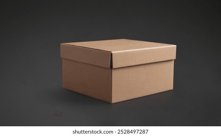 Closed, brown cardboard box on a dark grey background. Premium photo mockup for elegant and clean cardboard box product.