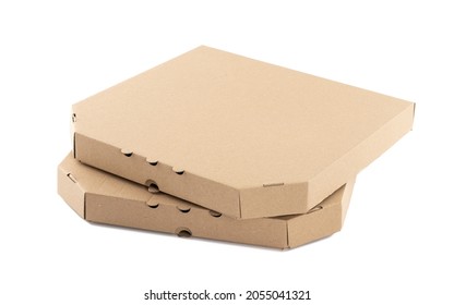 Closed Brown Cardboard Pizza Box On White Background. Takeout Food Packaging