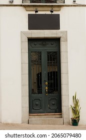 Closed Business Facade Mockup With Black Sign Outside - Business Signage On Colonial Street - Black Sign