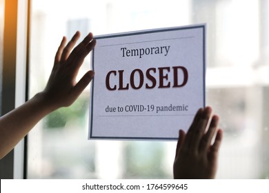 Closed Businesses For COVID-19 Pandemic Outbreak, Closure Sign On Retail Store Window Banner Background. Government Shutdown Of Restaurants, Shopping Stores, Non Essential Services.