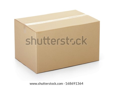Closed cardboard box taped up and isolated on a white background.