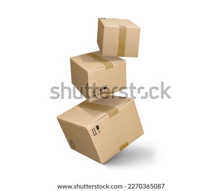 Closed cardboard brown box flying isolated on white background