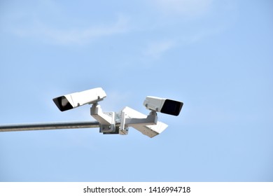 closed circuit camera Split on the Blue sky background, bangkok in thailand. selective focus - Shutterstock ID 1416994718