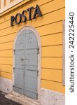 Closed door to Posta or post office in Castle District in Buda, Budapest, Hungary