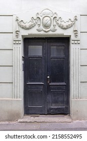 Closed Double Black Door Old Building Entrance