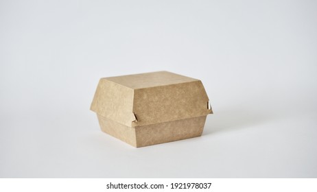 Closed Empty Blank Craft Cardboard Food Container. Hamburger Sandwich Box Fast Food Delivery Takeaway Mockup Template