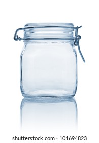 Closed Empty Glass Jar, Blue Toned And Isolated On White