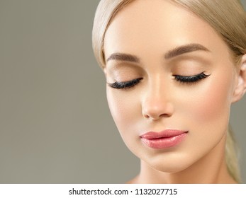 Closed Eyes Woman With Beautiful Big Lashes Blonde With Healthy Skin