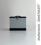 Closed file box with lockable latch.