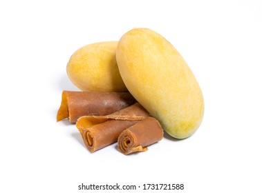 Closed Up Fresh Mango And Sun Dried Mango Sheets Rolls Sticky Chewing Snack Thai Fruit Isolated On White Background With Clipping Path.