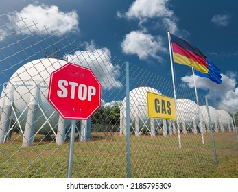 Closed gas plant with German and European flag and stop sign - Shutterstock ID 2185795309