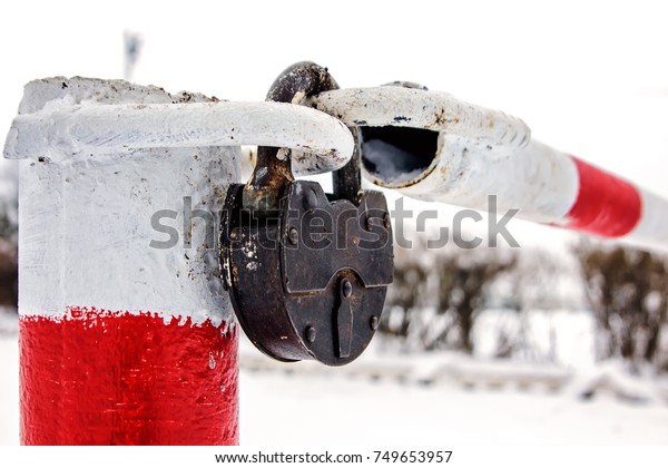 Closed Gated Road\
Traffic Barrier Closeup Stop Symbol Parking Red White Construction\
Mechanism Lock Safety