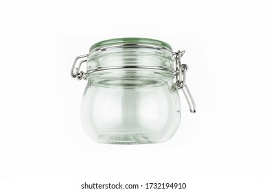 Closed Glass Jar With A Metal Latch, Isolated On White Background With Clipping Path.