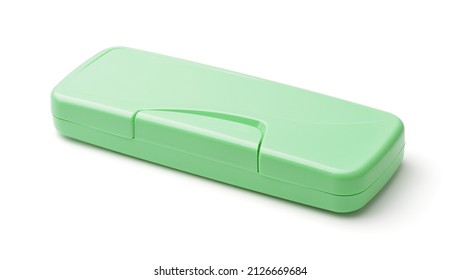 Closed Green Plastic Pencil Box Isolated On White