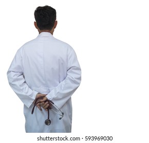 Closed Up Of Hands Doctor With Stethoscope ,back Side View ,isolated On White,copy Space