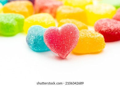 Closed Up Heart Shape Candy. Red Heart Sugar Candy .Fruity Gummy Sugar Texture.